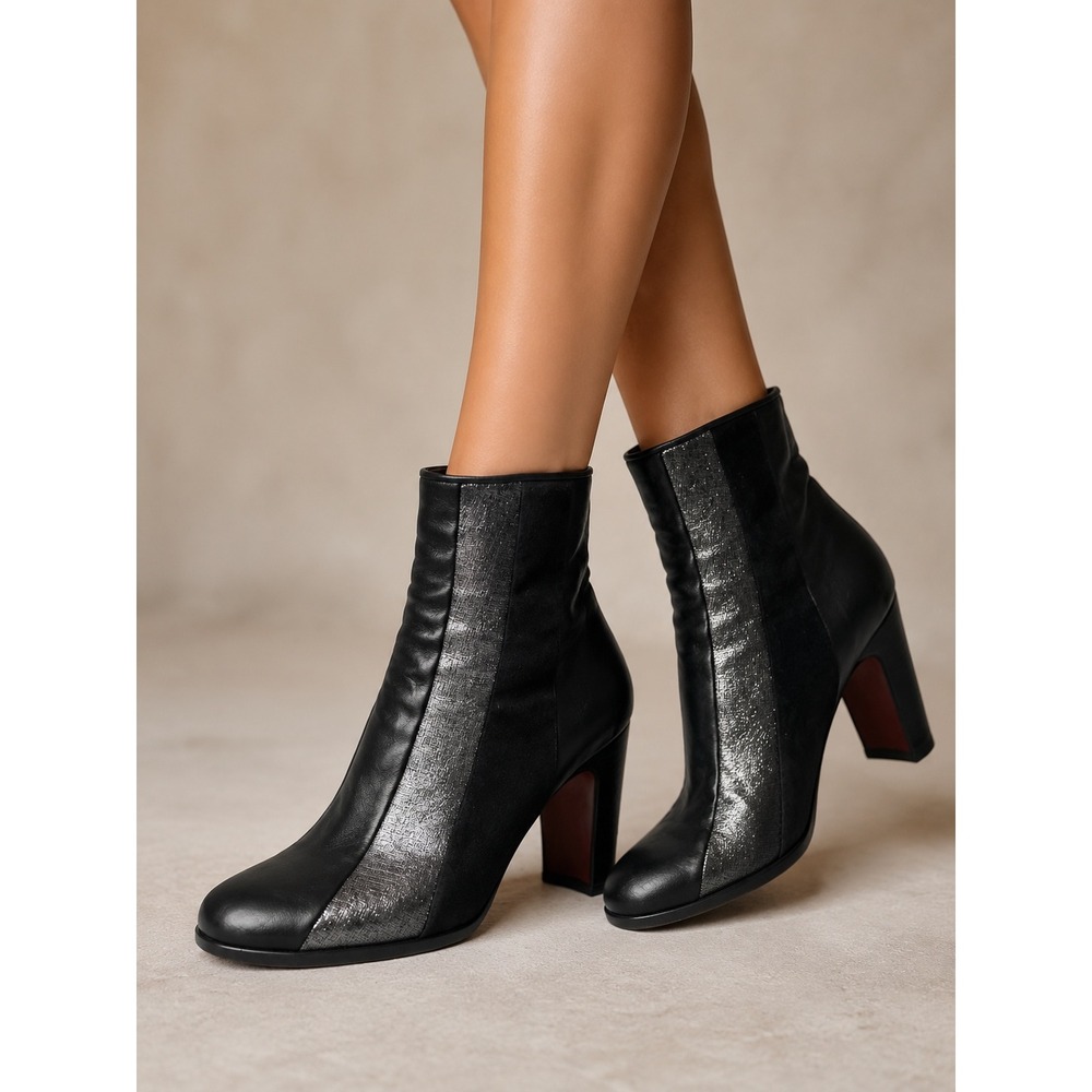 Chie Mihara block heel leather suede boots Size 38 black metallic colorblock